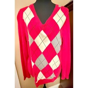 IZOD Argyle Sweater Women XXL Red White Grey Good V-Neck Long Sleeve Knit